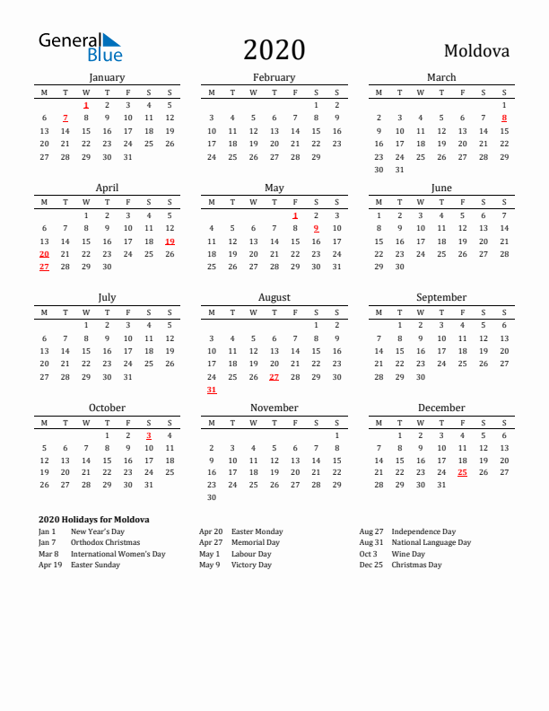 Moldova Holidays Calendar for 2020