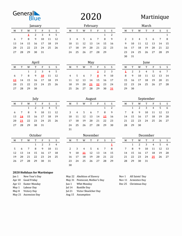 Martinique Holidays Calendar for 2020