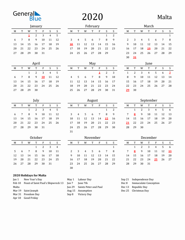 Malta Holidays Calendar for 2020