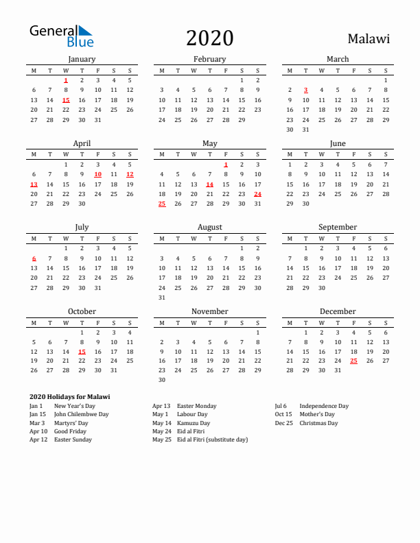 Malawi Holidays Calendar for 2020