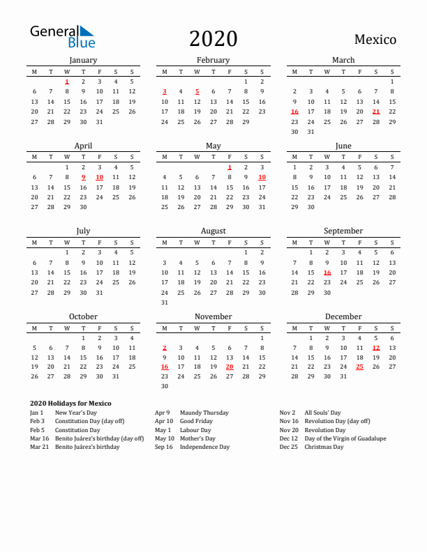 Mexico Holidays Calendar for 2020