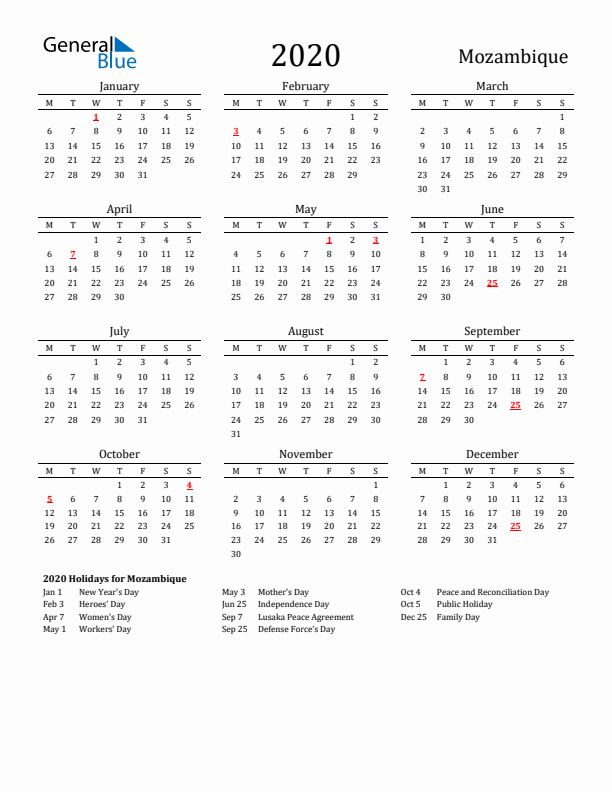 Mozambique Holidays Calendar for 2020
