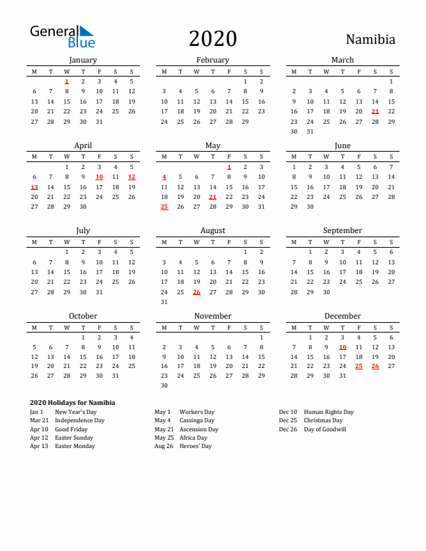 Namibia Holidays Calendar for 2020