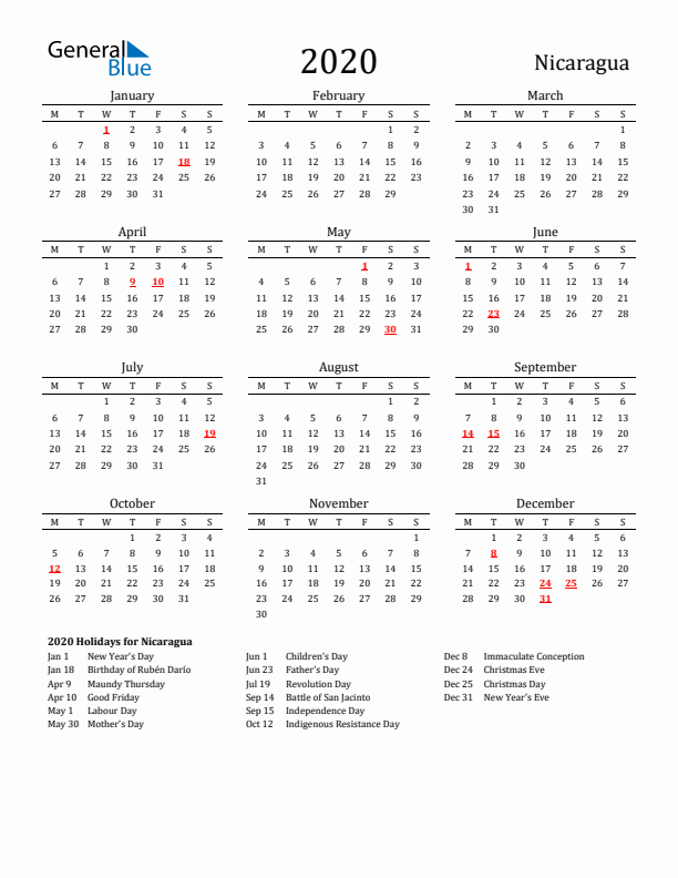 Nicaragua Holidays Calendar for 2020