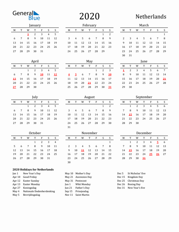 The Netherlands Holidays Calendar for 2020