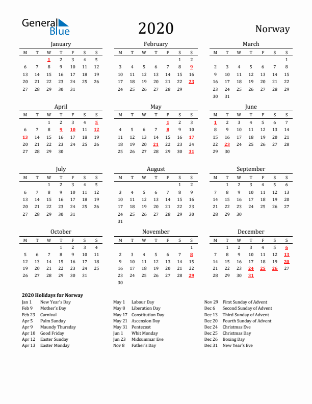 Norway Holidays Calendar for 2020