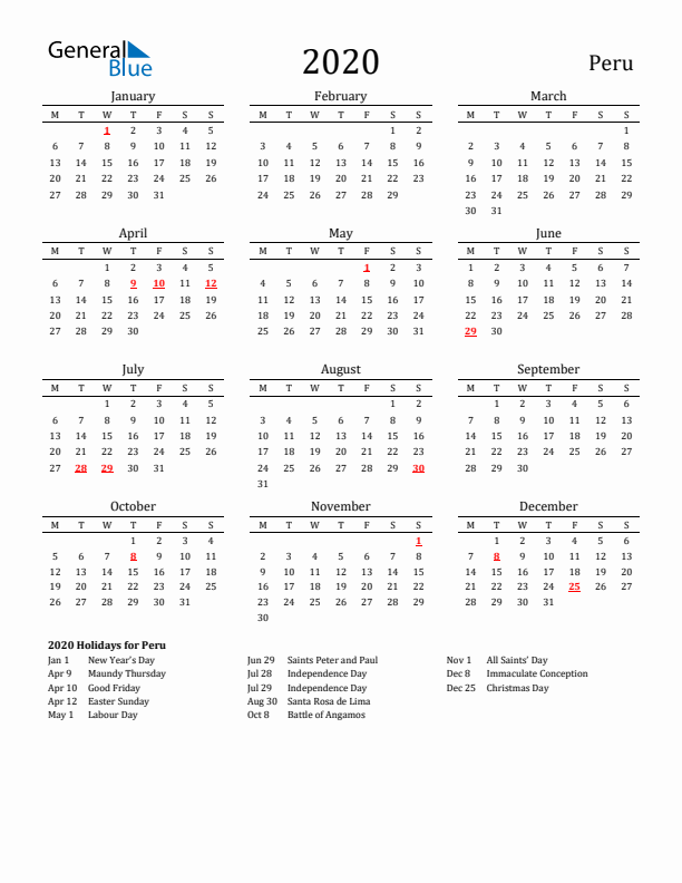 Peru Holidays Calendar for 2020