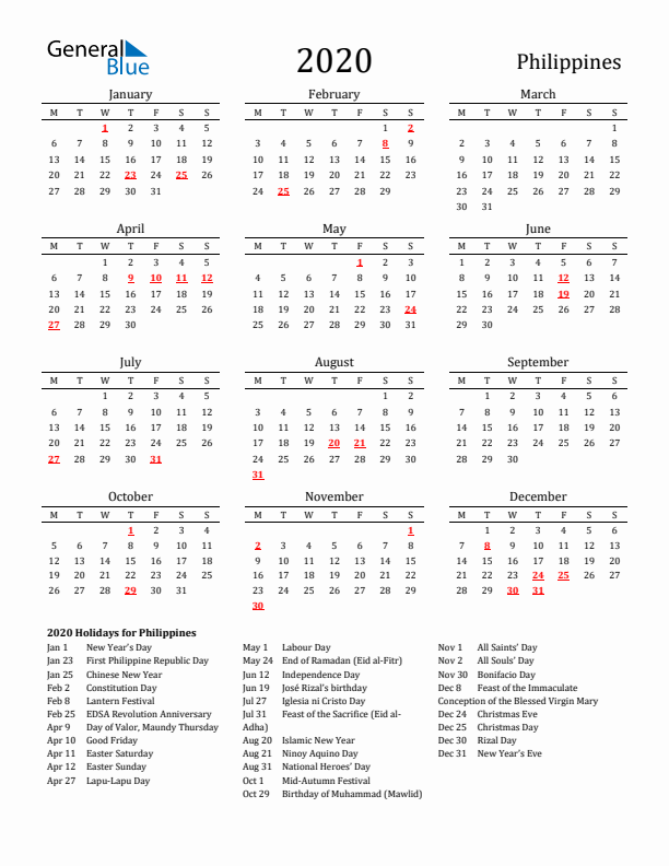 Philippines Holidays Calendar for 2020