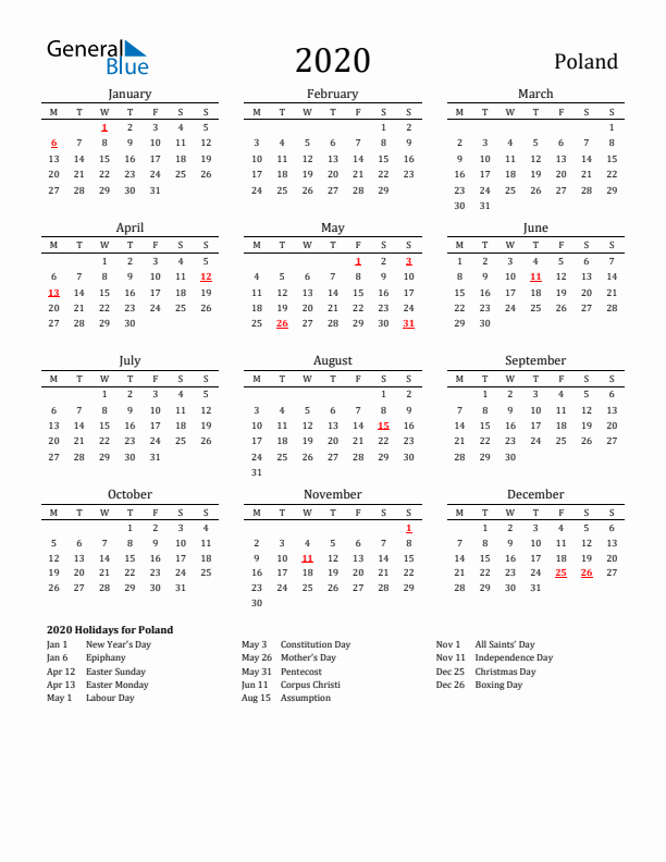 Poland Holidays Calendar for 2020