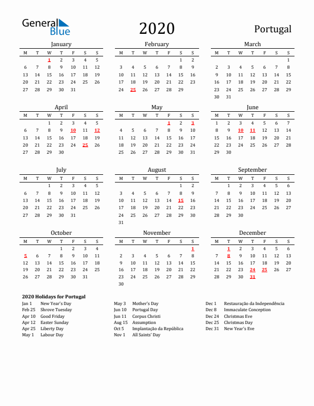 Portugal Holidays Calendar for 2020