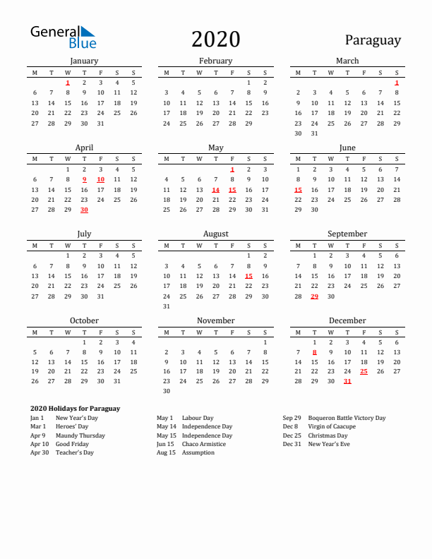 Paraguay Holidays Calendar for 2020