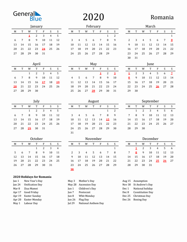 Romania Holidays Calendar for 2020