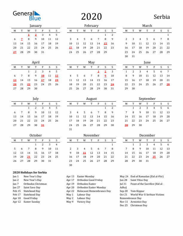 Serbia Holidays Calendar for 2020