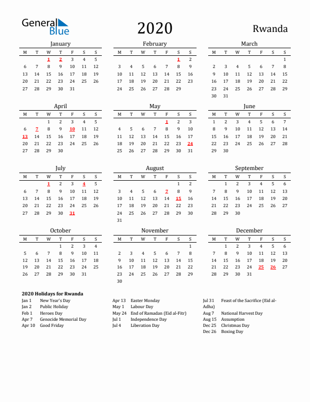 Rwanda Holidays Calendar for 2020