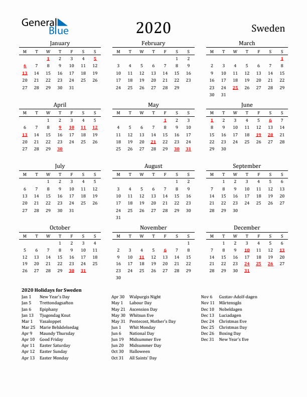Sweden Holidays Calendar for 2020