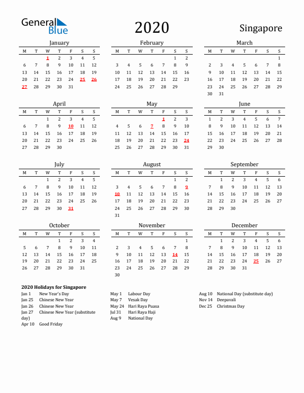 Singapore Holidays Calendar for 2020