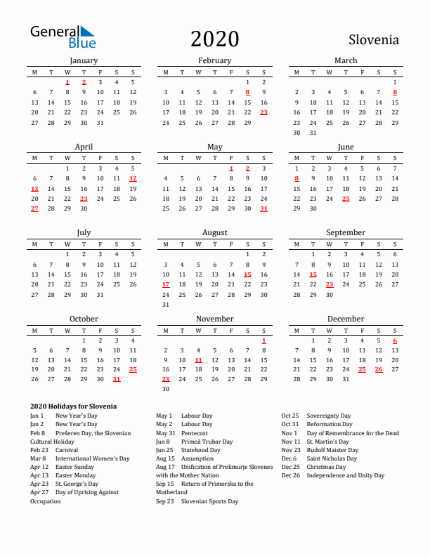 Slovenia Holidays Calendar for 2020