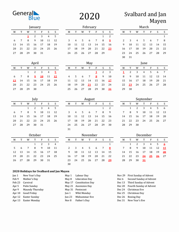 Svalbard and Jan Mayen Holidays Calendar for 2020