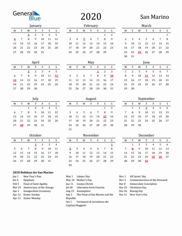 San Marino Holidays Calendar for 2020