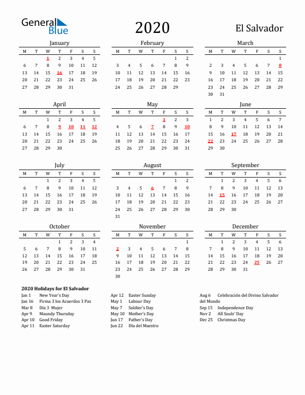 El Salvador Holidays Calendar for 2020
