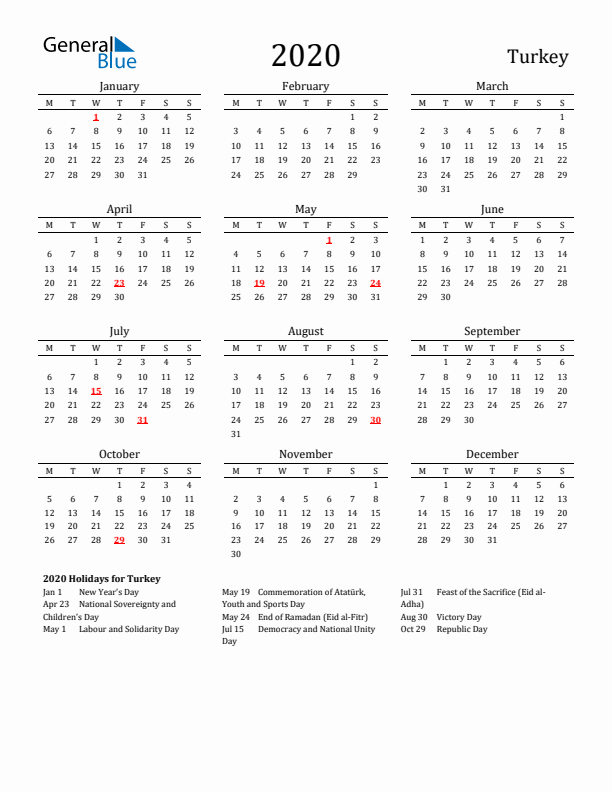 Turkey Holidays Calendar for 2020