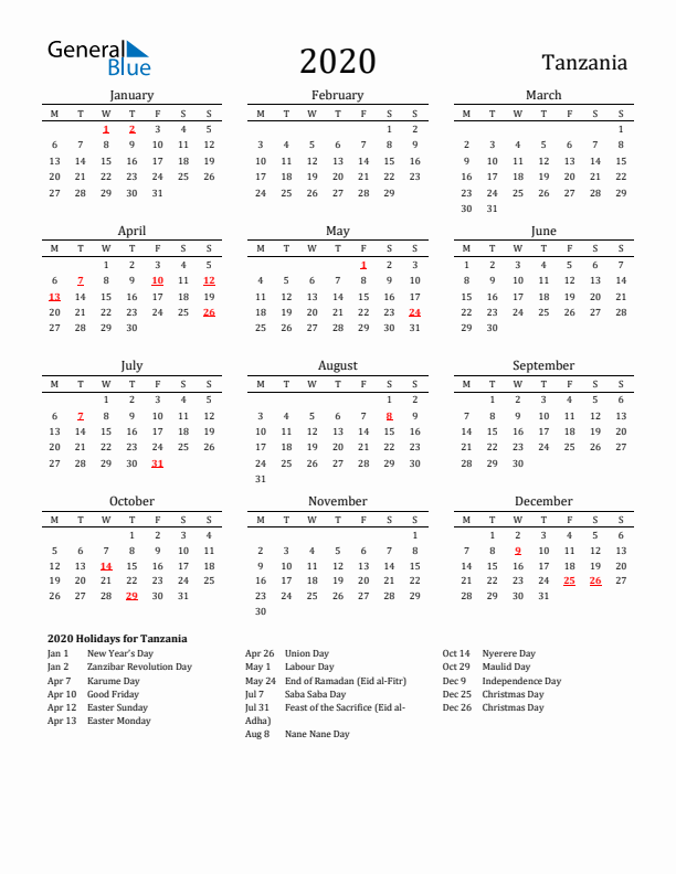 Tanzania Holidays Calendar for 2020