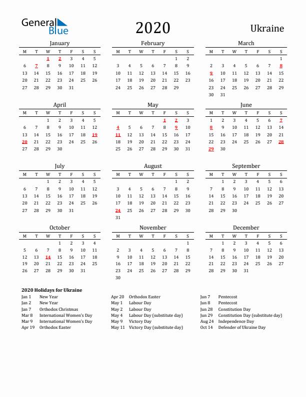 Ukraine Holidays Calendar for 2020