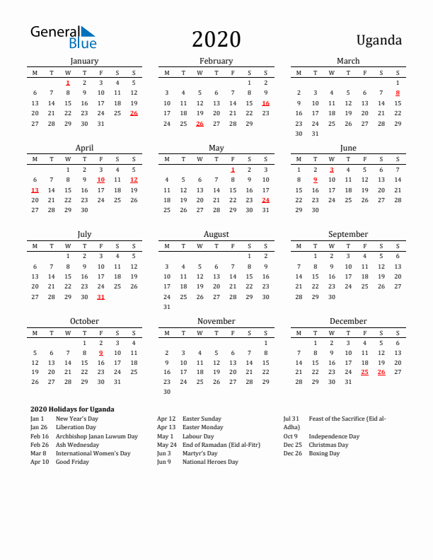 Uganda Holidays Calendar for 2020