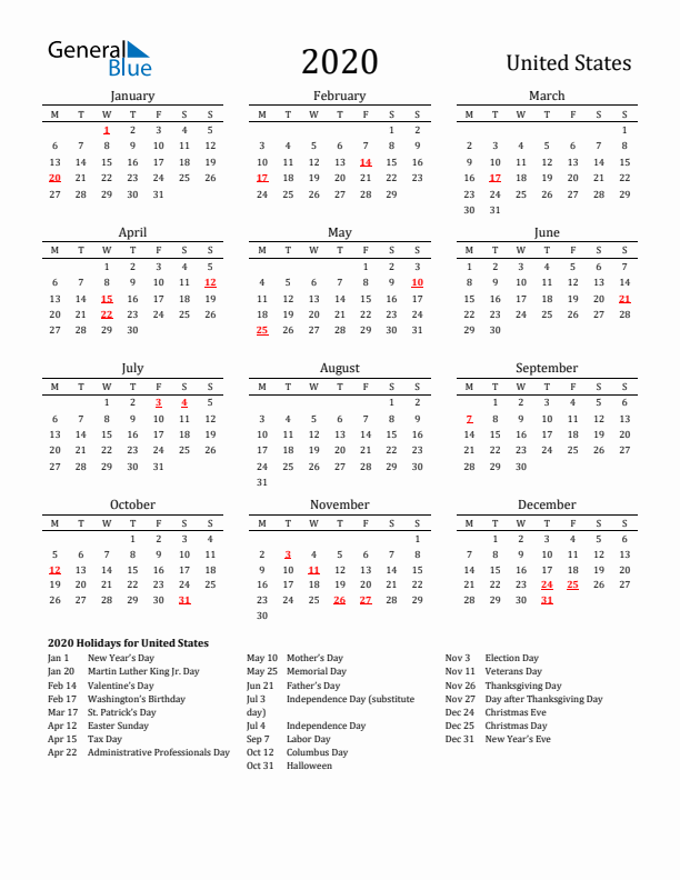 United States Holidays Calendar for 2020