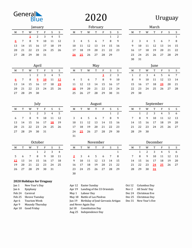 Uruguay Holidays Calendar for 2020