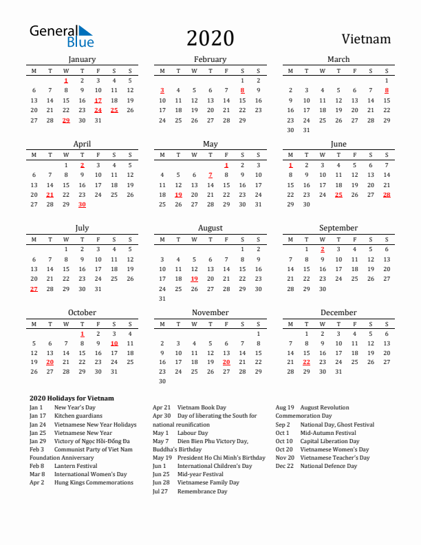 Vietnam Holidays Calendar for 2020