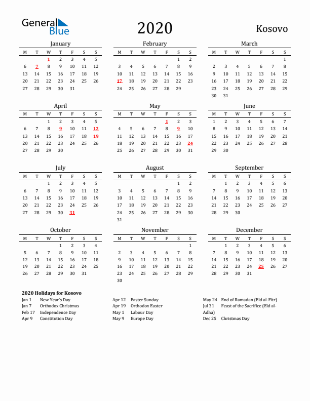 Kosovo Holidays Calendar for 2020