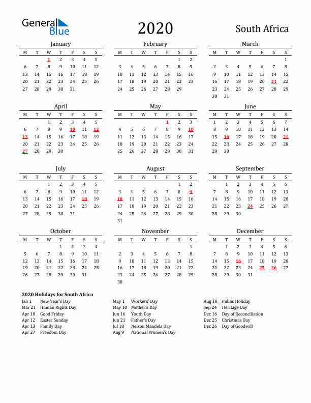 South Africa Holidays Calendar for 2020
