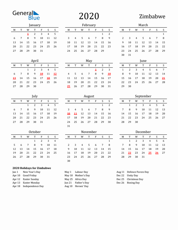 Zimbabwe Holidays Calendar for 2020