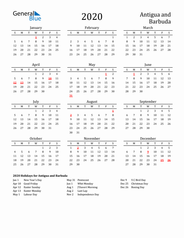Antigua and Barbuda Holidays Calendar for 2020