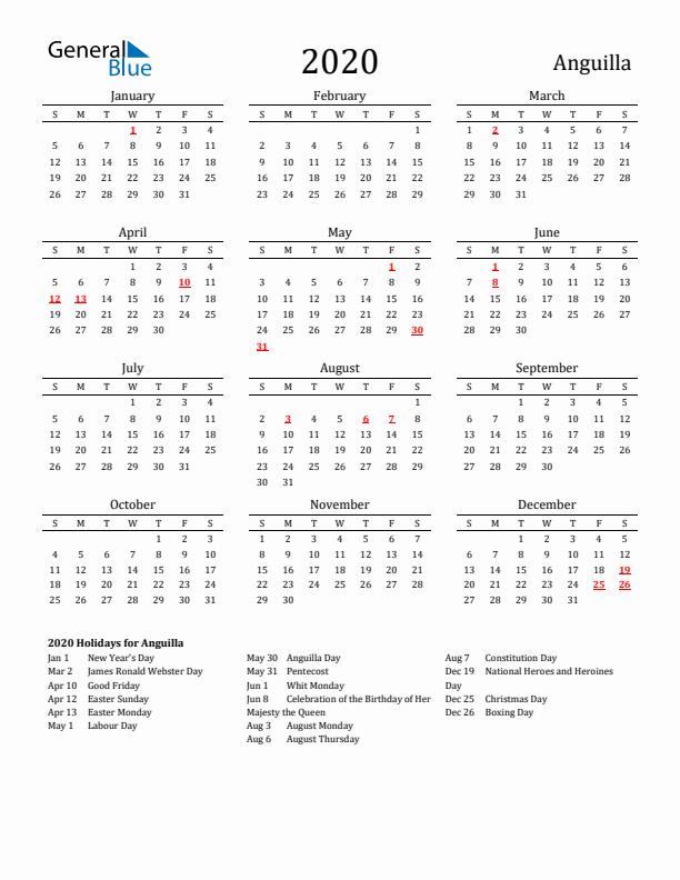 Anguilla Holidays Calendar for 2020