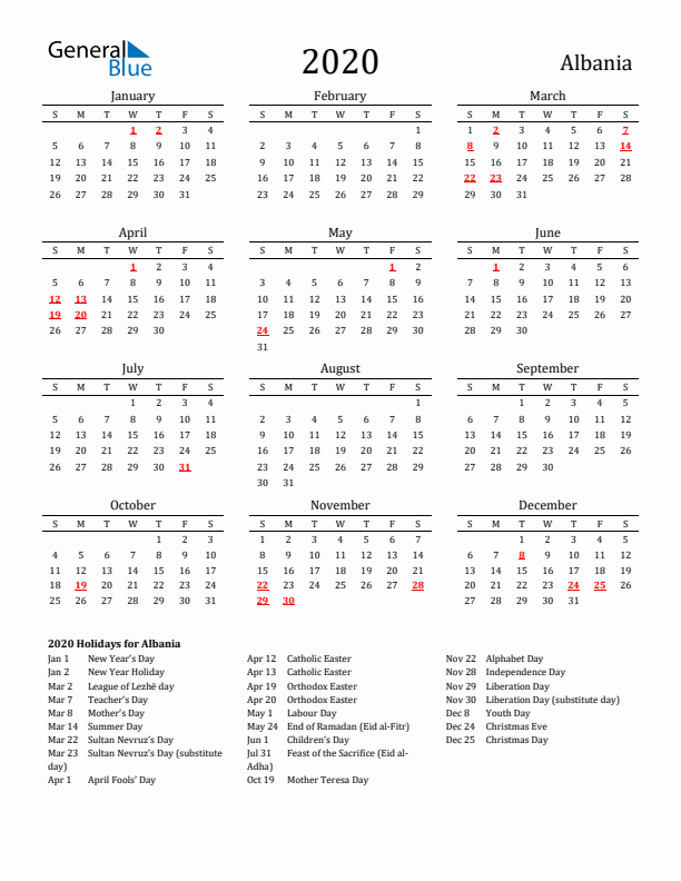 Albania Holidays Calendar for 2020