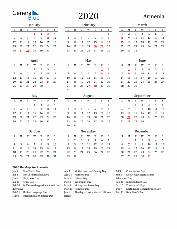 Armenia Holidays Calendar for 2020