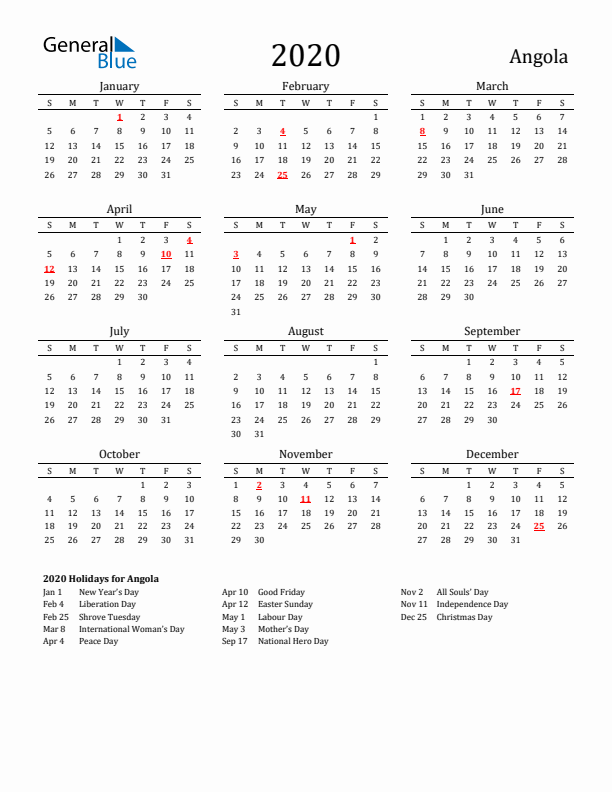 Angola Holidays Calendar for 2020