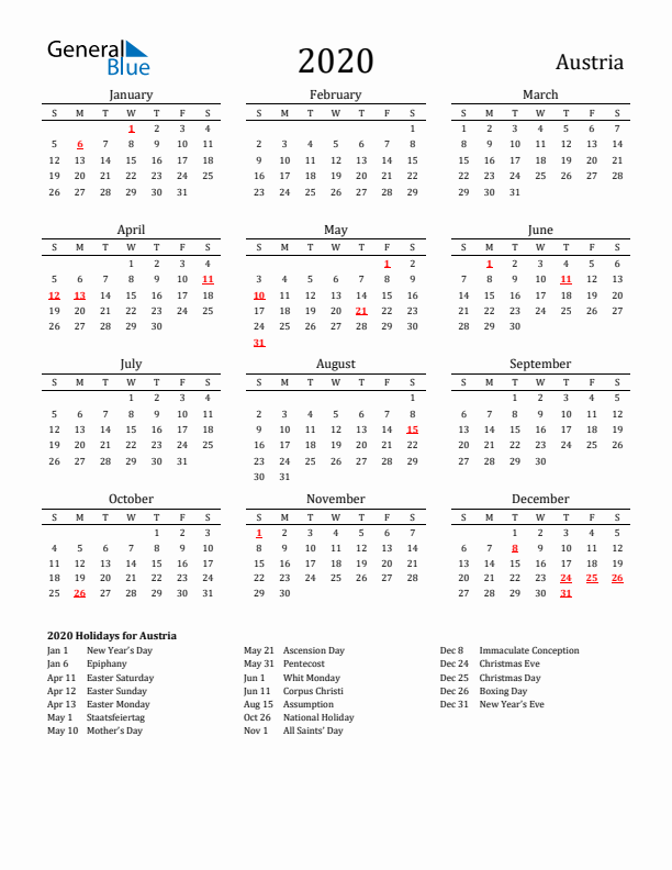 Austria Holidays Calendar for 2020