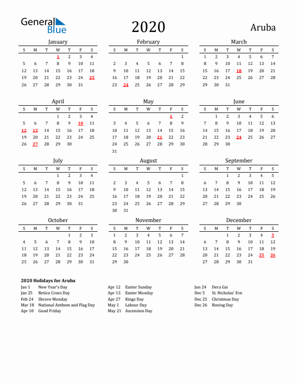 Aruba Holidays Calendar for 2020