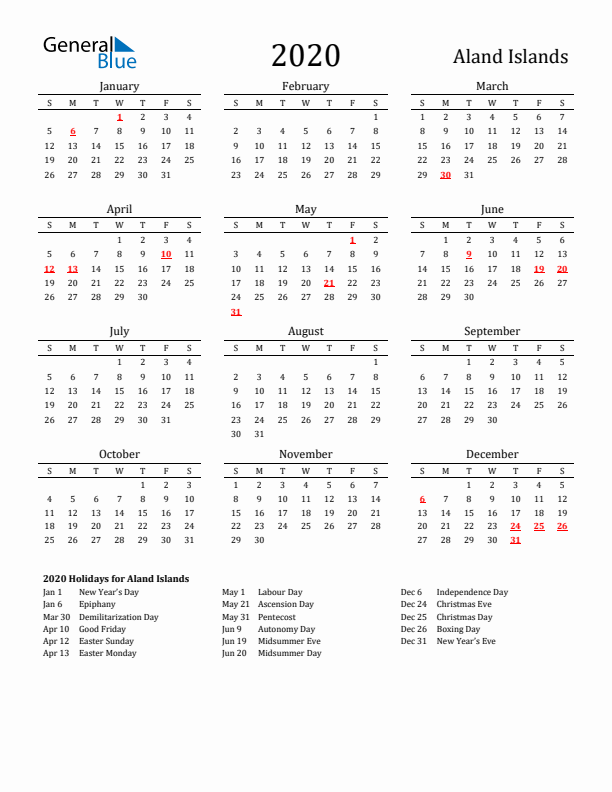 Aland Islands Holidays Calendar for 2020