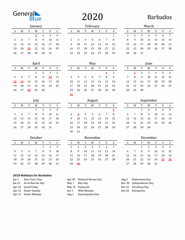 Barbados Holidays Calendar for 2020