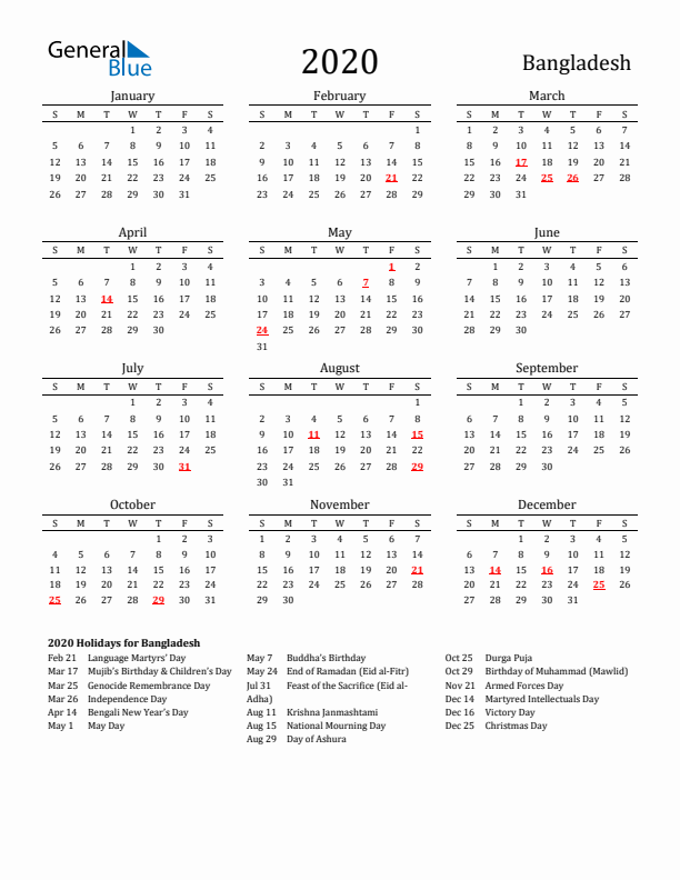Bangladesh Holidays Calendar for 2020