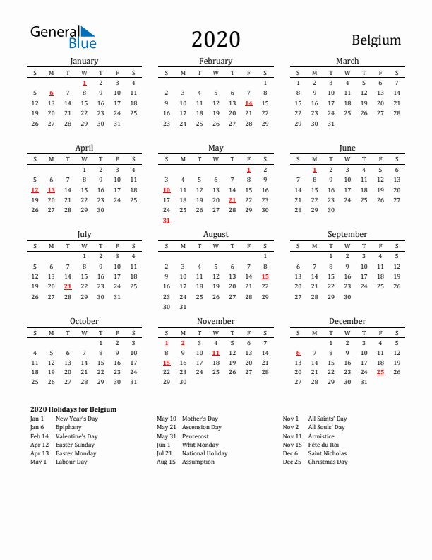 Belgium Holidays Calendar for 2020