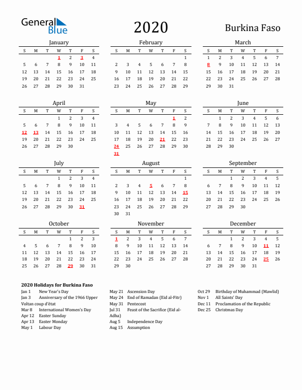 Burkina Faso Holidays Calendar for 2020