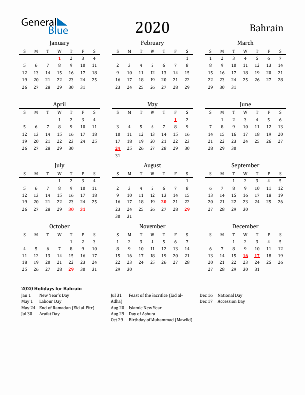 Bahrain Holidays Calendar for 2020