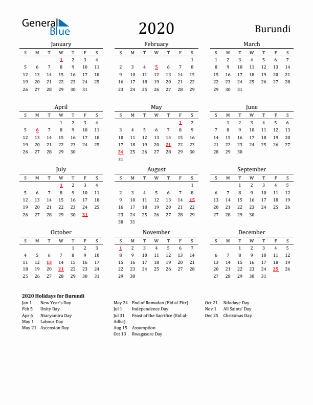 Burundi Holidays Calendar for 2020