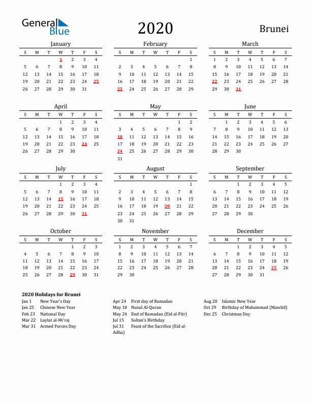 2020 Brunei Calendar with Holidays