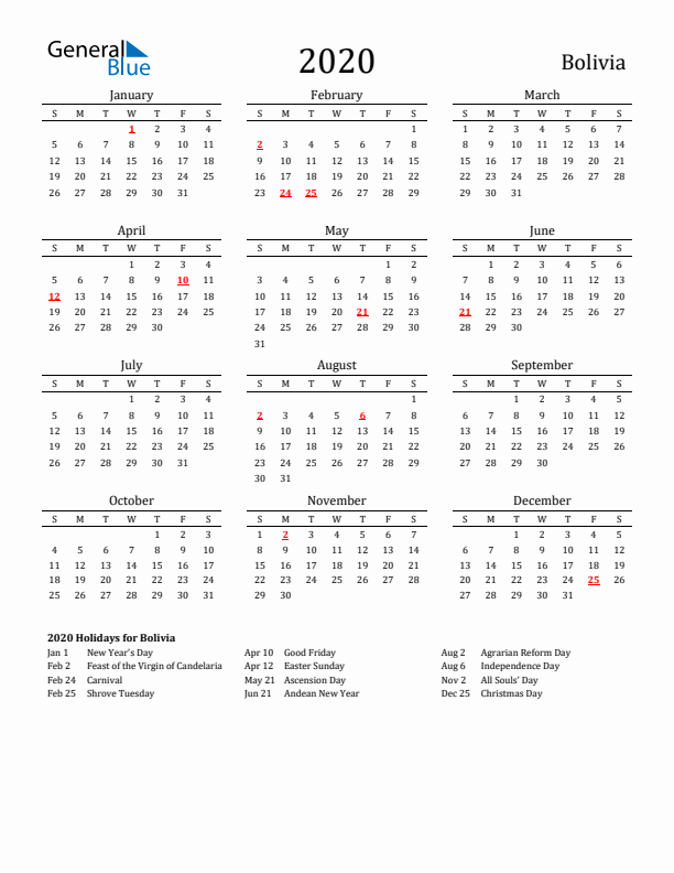 Bolivia Holidays Calendar for 2020